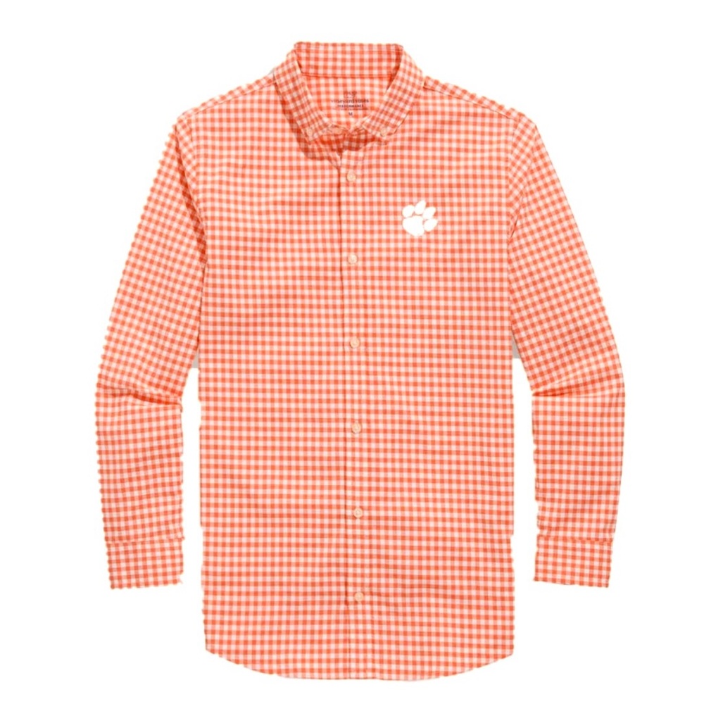 Clemson Shirt Tiger Embroidered Logo Gingham Check Button Down Long Sleeve